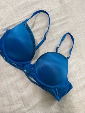 Victoria's Secret Bright Blue Satin Push-Up Bra with Glitter Trim